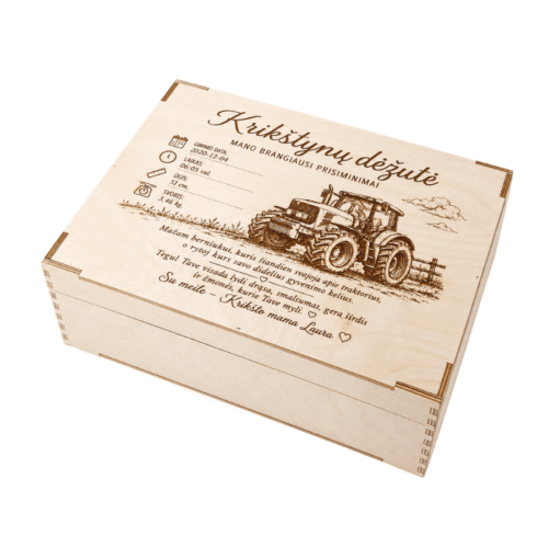 Krikštynų dėžė su metrikom – personalizuota medinė prisiminimų dėžė kūdikiui 33×23×12cm