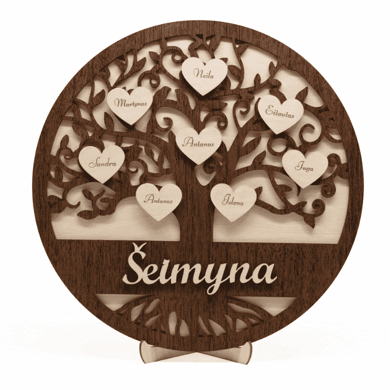 Medinis šeimos medis su sirdelese užrašytais vardais