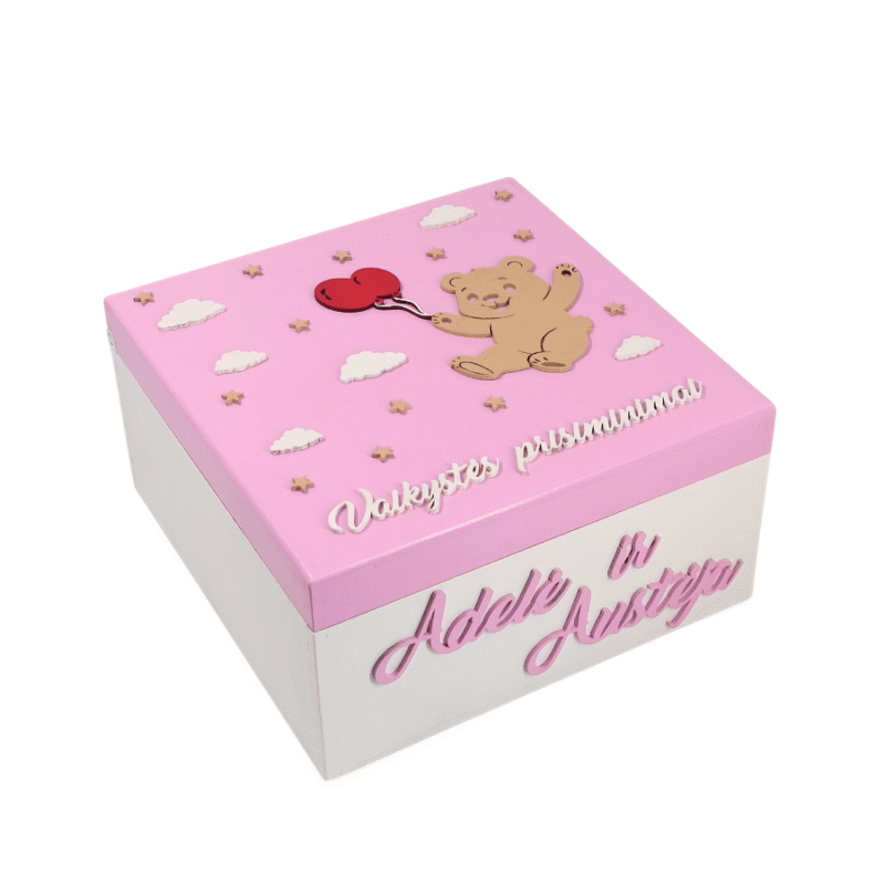 Personalizuota medinė krikštynų dėžė su meškiuku ir vardais