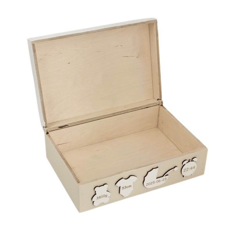 Krikštynų dėžutė su vardu ir gimimo metrikomis – Personalizuota atminimų dėžė kūdikiui, 32×22×12 cm