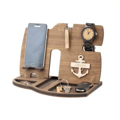 Rankų darbo stalo organizatorius su skyriais telefonui, laikrodžiui, piniginei, raktams