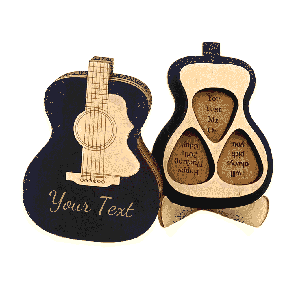 Personalizuojama medinė dėžutė pikams – akustinės gitaros formos