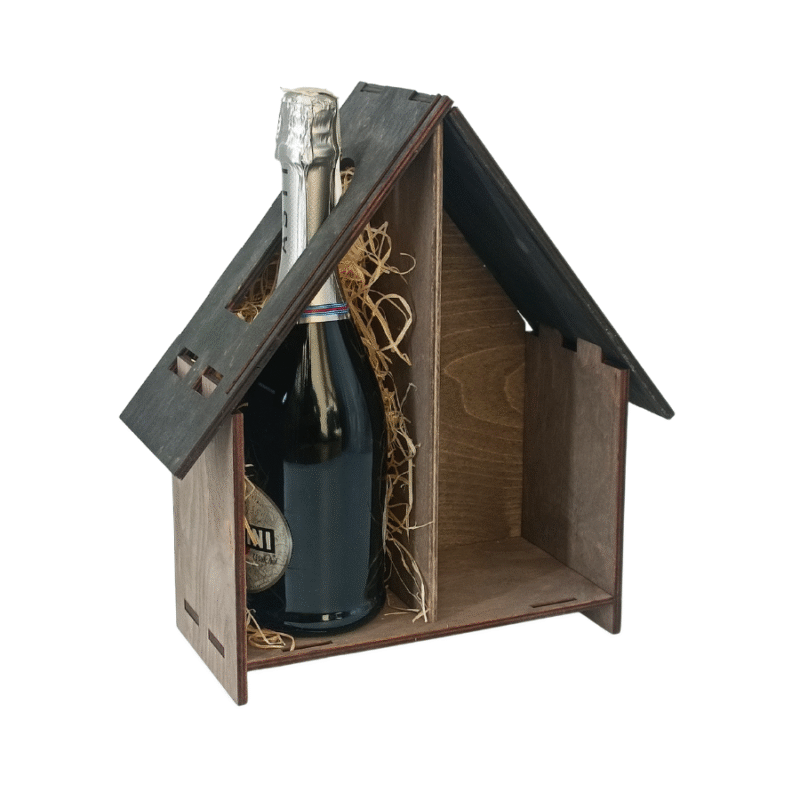 Medinė Dėžė Buteliui – Namo Formos Dėžė 30x24x11 cm
