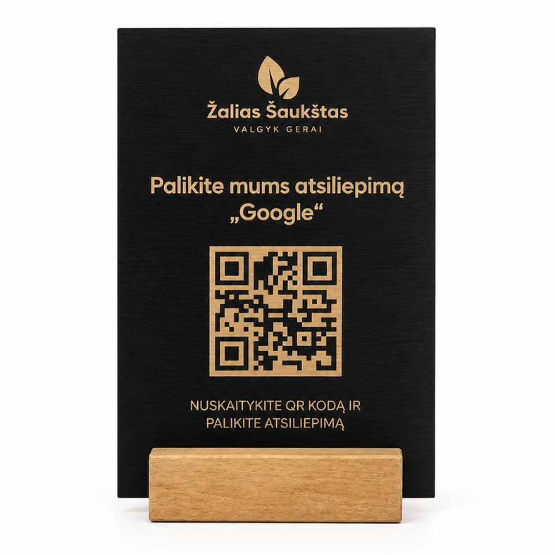Medinė atsiliepimų QR kodo lentelė su instrukcijom