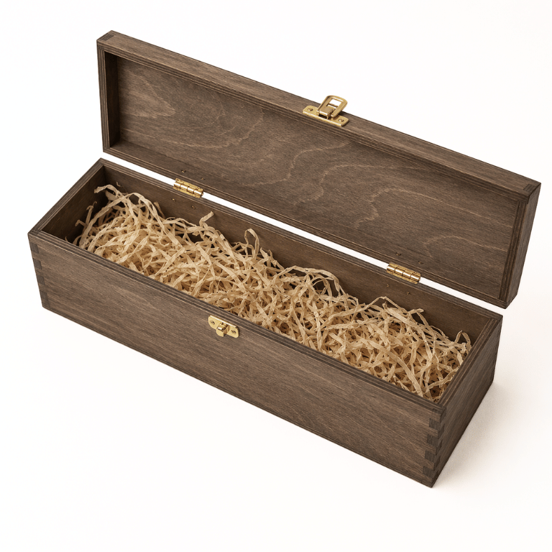 Medinė graviruota dėžė vyno buteliui su drožlėmis – 36x9x9 cm